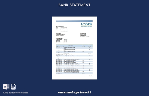 modello Excel di estratto conto bancario Camerun Ecobank in stile verificato